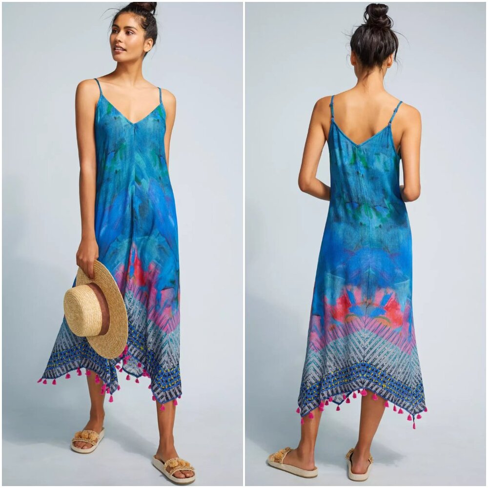 NWT Anthropologie Blank London Coverup Midi Dress Destin Tassel Blue Pink Boho S